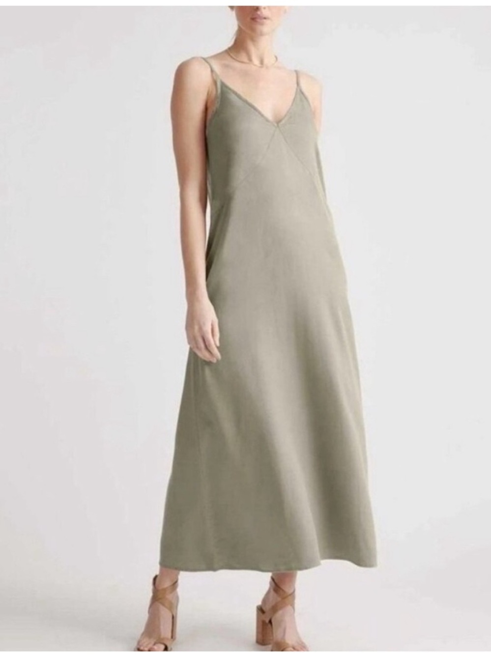 QUINCE Olive Green Vintage Wash Tencel  Adjustable Strap Slip Maxi Dress- L